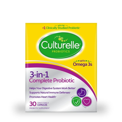 [BRSWKELRAENWGALK] Culturelle 3-in-1 Complete Probiotic Daily Formula, Once Per Day Probiotic Supplement, Helps Your Digestive System Work Better, Supports Natural Immune Defenses, Plus Omega 3's, Non-GMO, 30 Count