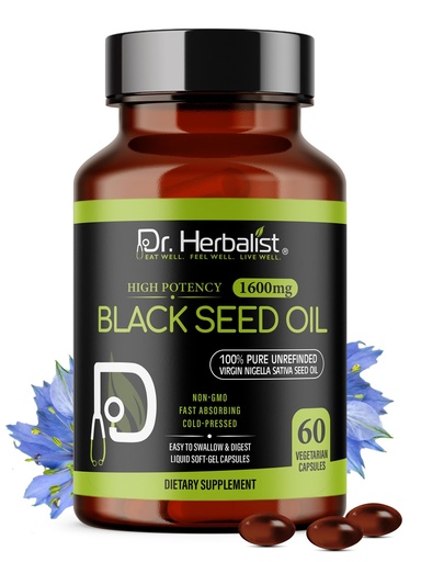 [BRSREGIZDJ7A43I2] Dr. HERBALIST Black Seed Oil Capsules 1600mg - Nigella Sativa with thymoquinone (TQ) Supports Immune & Respiratory Wellness & Daily Antioxidant Support* Halal 60ct