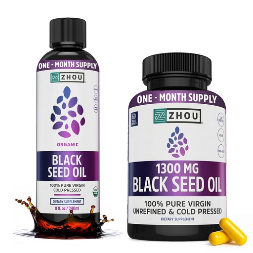 [BRSREFITCN7GO3TO] ZHOU Black Seed Oil & Capsules - Black Cumin Seed Oil Cold Pressed, Pure Unrefined Nigella Sativa, Premium Supplement for Health, Hair & Skin - 8 fl oz Bottle & 60 Capsules