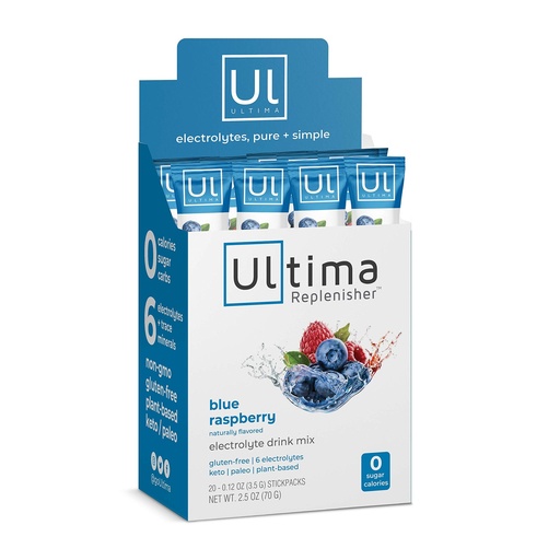 [BRSWGCATBN4A2C3A] Ultima Replenisher Electrolyte Hydration Drink Mix, Blue Raspberry, 20 Serving Stickpack Box - Sugar Free, 0 Calories, 0 Carbs - Gluten-Free, Keto, Non-GMO, Vegan, with Magnesium, Potassium, Calcium