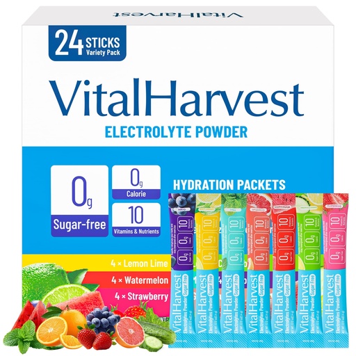 [BRSREFD5OJ7B4CDF] 24 Sticks Electrolytes Powder Packets 7 Flavors Sugar Free Hydration Packets Liquid Daily IV Drink Mix, Low Sodium, Lemon Lime, Watermelon, Strawberry, Grape, Grapefruit, Lemon Cucumber, Mint
