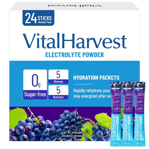 [BRSREAIDA4OWYFDB] 24 Sticks Electrolytes Powder Packets 7 Flavors Sugar Free Hydration Packets Liquid Daily IV Drink Mix, Low Sodium, Grape