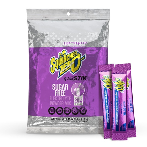 [BRSWI2TYOYMRQDT6] Sqwincher Zero Qwik Stik, Grape, Sugar Free, Low Calorie, Low Sodium Electrolyte Powder Hydration Drink Mix, .11 0z Packet (Pack of 50)