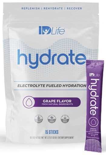 [BRSROGIEOIDR6EY7] IDLife Grape Hydrate Drink Powder - Instant Electrolyte Fueled Hydration with Vitamins, MCTs & Minerals for Vital Nutrients - 15 Sticks per Bag