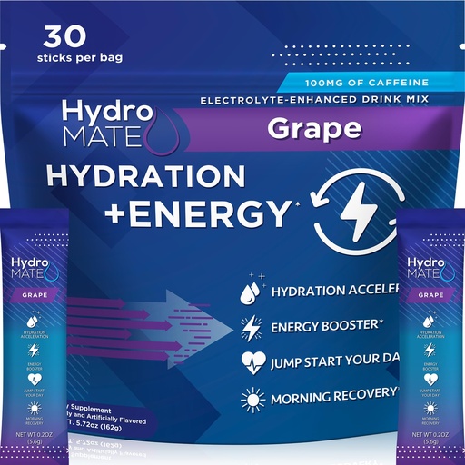 [BRSROBABAQFRM33H] HydroMATE Electrolytes Powder Drink Mix Packets Hydration Accelerator Low Sugar Rapid Party Relief Recovery Vitamin C Plus Caffeine Grape Pack 30 Count