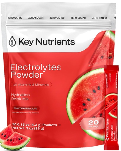 [BRSRECQEO54AO3Y4] KEY NUTRIENTS Electrolytes Powder Packets - Multivitamin Watermelon 20 Pack Hydration Packets - Travel Hydration Powder - Improved Refreshing Taste - Made in USA - No Sugar, No Calories, Gluten Free