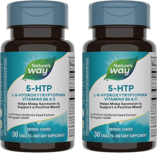[BRSWGAITOECGCFY4] Nature's Way 5-HTP, L-5-Hydroxytryptophan, Helps Make Serotonin to Promote a Positive Outlook*, Vitamin B6, Vitamin C, Griffonia Bean Extract, 30 Tablets (Packaging May Vary) - 2 Pack