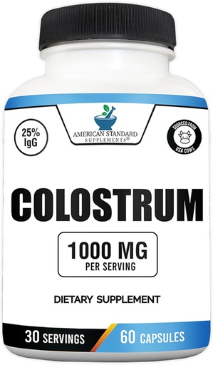 [BRSRA2QBCEHA2DLG] American Standard Supplements Colostrum Capsules - 1000mg Per Serving, 60 Capsules, USA Sourced Cow Colostrum, Standardized to 25% Immunoglobulins (IgG)