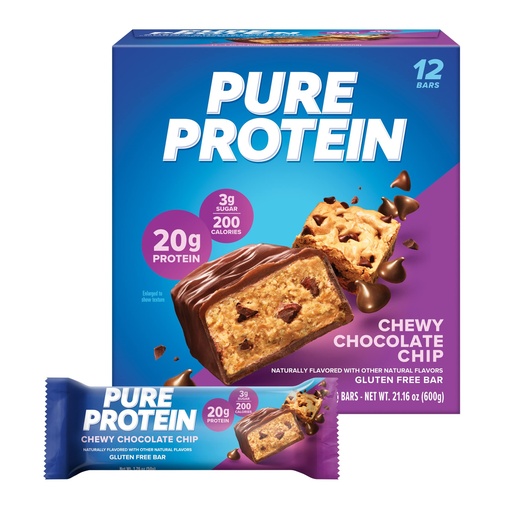 [BRSWIHLYPJ5A23LY] Pure Protein Chewy Chocolate Chip Protein Bars – 20g Protein, 3g Sugar, 190 Calories (12 count) Low Sugar* High Protein Snack - Gluten Free - Perfect for a Healthy Snack