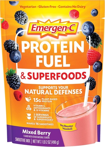 [BRSWGAAFPJ6R62DK] Emergen-C Protein Powder Fuel & Superfoods (16 Servings, Mixed Berry Flavor) Plant-Based & Vegetarian Shake Mix With Organic Superfoods, Vitamin C & Other Antioxidants
