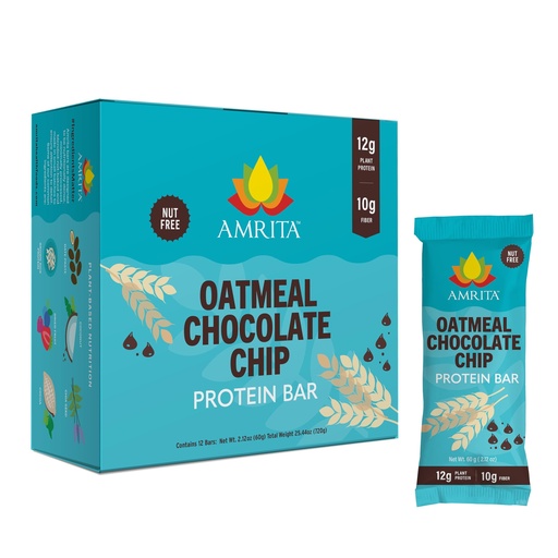 [BRSRGAQ2A4DQKCL6] Amrita Nut Free Oatmeal Chocolate Chip Vegan Protein Bars (12 Count) | 12g Plant-Based Protein Bar | Peanut Free, Gluten Free, Dairy Free | Low Sugar, High Fiber, School Safe