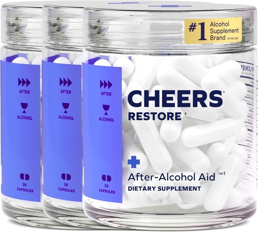 [BRSWG2YZOQMWY2T3] Cheers Restore | Supplement with DHM + L-Cysteine | Feel Better After Drinking & Support Your Liver | 36 Doses | Dihydromyricetin, Cysteine, Prickly Pear, B-Vitamins, Ginger