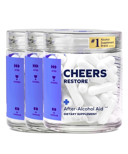 [BRSWG2YZOQMWY2T3] Cheers Restore | Supplement with DHM + L-Cysteine | Feel Better After Drinking & Support Your Liver | 36 Doses | Dihydromyricetin, Cysteine, Prickly Pear, B-Vitamins, Ginger