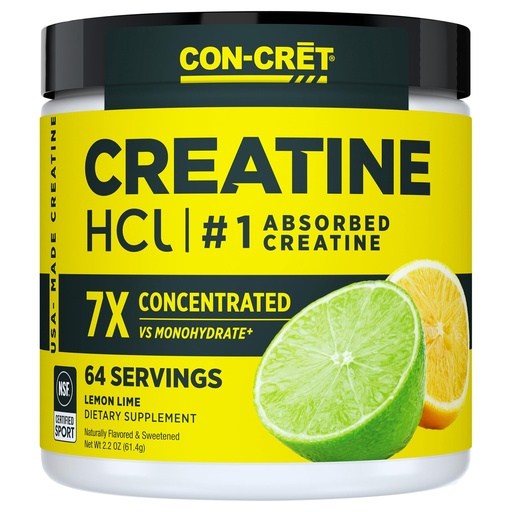 [BRSWK2QAC4OBW3DG] CON-CRET Concentrated Creatine HCL Powder - supports Muscle, Cognitive, Cellular Energy | No Bloating or Cramps | USA Made & NSF Certified | 60 Micro-dosed servings | Lemon Lime Flavour (57.6gms)