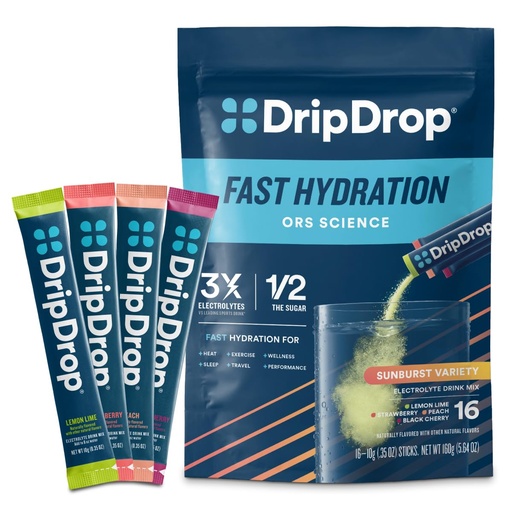 [BRSREYYTBEHWAEY6] DripDrop Hydration Packets - Sunburst Variety Pack - Single Serve Electrolytes Powder Drink Mix - Lemon Lime, Strawberry, Peach, Black Cherry - Non-GMO, Gluten Free, Vegan - 16 Sticks