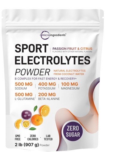 [BRSREFIFOINAKFDB] Micro Ingredients Electrolytes Powder, 2 lbs | 95 Servings | Sugar Free Workout Hydration | Potassium, Sodium, L-Glutamine, Beta-Alanine, & More | Natural Coconut Water | Passion Fruit & Citrus Flavor