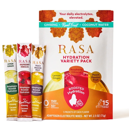[BRSREAQBBEOQEEY6] Rasa Hydration Adaptogen Powder Variety Pack | Electrolyte Mix for Rapid Hydration & Stress Support | Ginseng, Real Fruit & Coconut Water | Peach Passion, Lemon Ginger & Raspberry Hibiscus | 15 Pack