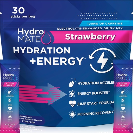 [BRSROBABAQPWACQZ] HydroMATE Electrolytes Powder Drink Mix Packets Hydration Accelerator Low Sugar Rapid Party Relief Recovery Vitamin C Plus Caffeine Strawberry 30 Count