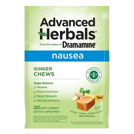 [BRSWYBIBBF6ROHQ2] From the Makers of Dramamine, Advanced Herbals Ginger Chews for Nausea Relief, Morning Sickness Relief & Motion Sickness Relief During Travel, Lemon-Honey, 20 Count