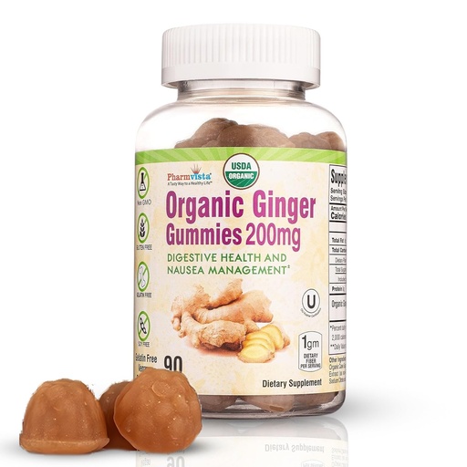 [BRSWGEIBOEMWYHTZ] Pharmvista USDA Organic Ginger Gummies 200mg 90 Count for Nausea Management and Digestive Health