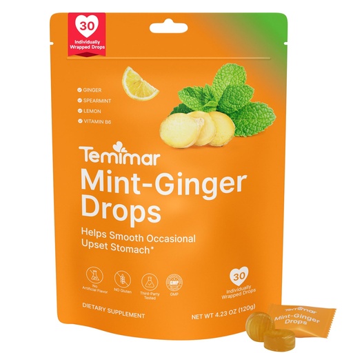 [BRSRABLRAV6BSAD5] Mint-Ginger Drops, Fast-Acting Nausea Relief, Support Motion Sickness and Morning Sickness Relief, Added Vitamin B6, 30 Wrapped Ginger Candies