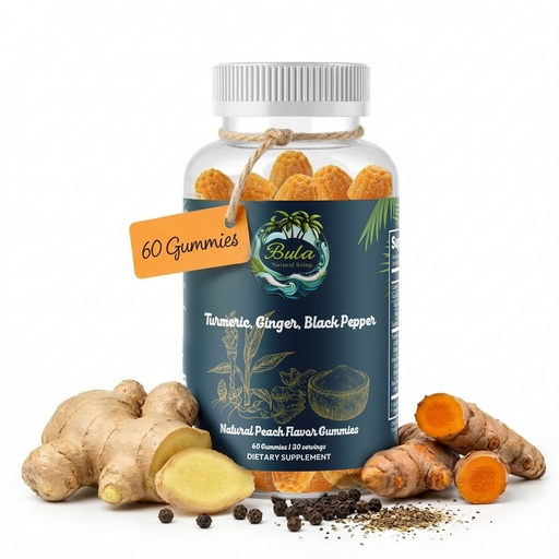 [BRSRGYAEBUNRU2YV] Bula Fijian Turmeric and Ginger with Black Pepper Gummies, Joint and Mobility Support, Immune Boost, Plant-Based Vegan, Non-GMO, Peach Flavor, 60 Count