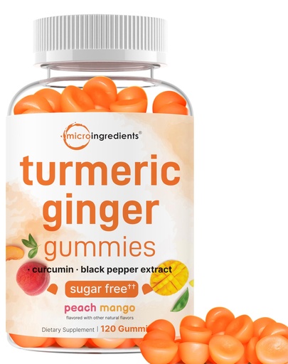 [BRSRECQLCIGRM2QV] Turmeric Ginger Gummies, 120 Count | Sugar Free Peach Mango Flavored | Extra Strength Curcumin with Black Pepper for Enhanced Absorption | Non-GMO