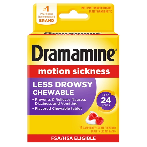 [BRSWGAYDOQPBGDIV] Dramamine Motion Sickness Less Drowsy, Chewables for Nausea Relief During Travel, Raspberry Cream Flavor, 12 Count