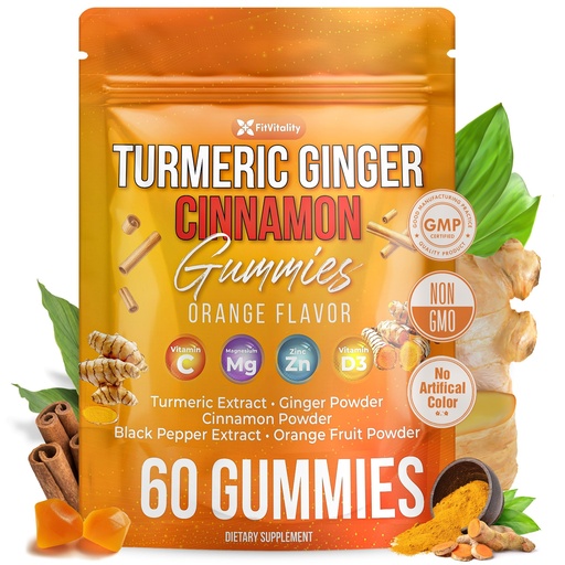 [BRSRE2YPO54BOD35] Premium 60 Turmeric Ginger Cinnamon Gummies – with Vitamin E, B12, Magnesium, Black Pepper Extract & Vitamin D3 – Orange Fruit Flavor - Vegan Gummies