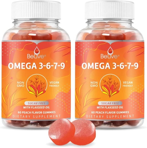 [BRSW2GD6C4NBQC3V] BeLive Orgánica Omega 3 Gummies - Omega 3 6 9 7 DHA &amp; EPA del aceite de frutas de hebilla de mar " , Vegan, para adultos de niños, cuerpo completo, soporte para cerebros y ojos, libre de azúcar – Peach  durable 2-Pack