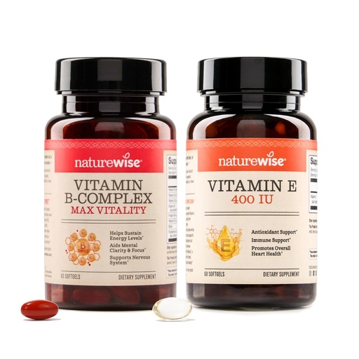 [BRSREYYKPIIRMDQ7] NatureWise B Complex Vitamins with Folic Acid 60 Count + Vitamin E 400 IU (180mg DL-Alpha) 60 Count - Bundle for Immune, Energy, Heart Health Support - Soy, Dairy, Gluten Free, Non-GMO, Halal Gelatin