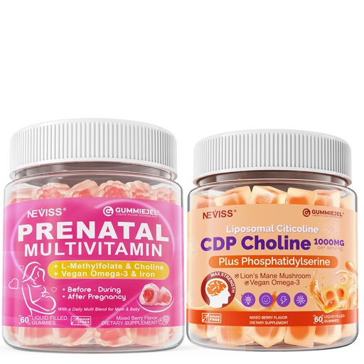 [BRSRGGL4B4IQGADG] NEVISS Prenatal Vitamins for Women Multivitamin Gummies w/Methylfolate 1mg, Choline Omega-3(DHA+EPA) Iron + Citicoline 1000mg, CDP Choline Gummies & Phosphatidylserine 300mg