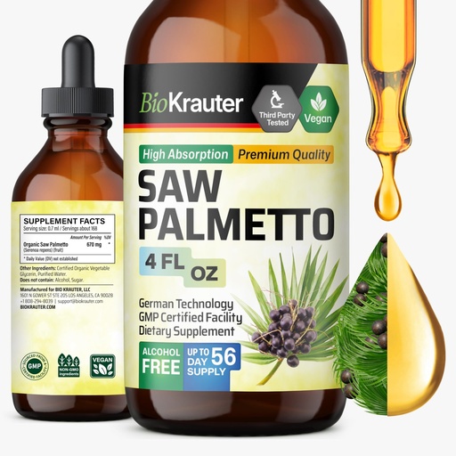 [BRSROGARAR7GMADD] BIO KRAUTER® Saw Palmetto for Men & Women - Pure Vegan Liquid Drops Saw Palmetto 670 mg per Serving 4 Fl.Oz 56-Day Supply - Used for Urinary Tract Support, Hair & Skin Wellness - Alcohol & Sugar Free