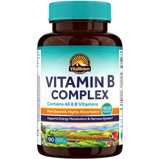 [BRSREGIOCQMBUGYU] Vitalitown Vitamin B Complex Capsule for Women and Men, Tissue-Ready All 8 B Vitamins, Folic Acid Biotin B1 B2 B3 B6 B12, Healthy Cellular Energy Metabolism & Nervous System Support, 90 Capsules