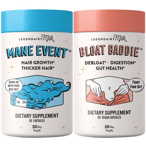 [BRSRECARPMGQ23AZ] Legendairy Milk Bloat Baddie™ Digestive Health + Mane Event™ Hair Growth Vitamins Bundle – Probiotics, Digestive Enzymes, Ginger Fennel for Bloating + Biotin & Collagen for Hair, Skin & Nails