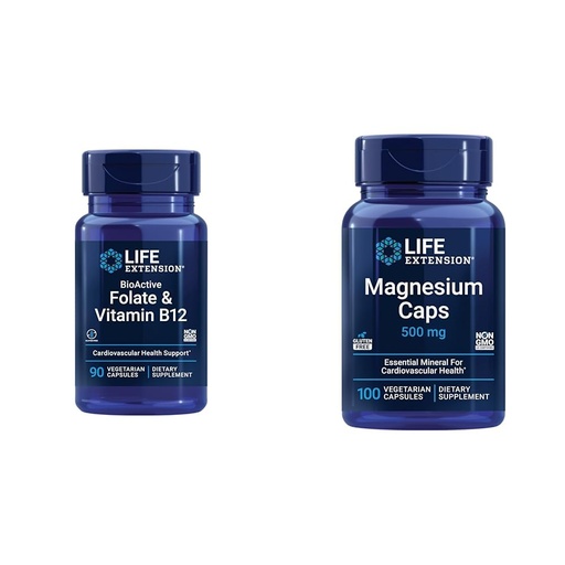 [BRSRAYIKDMOWOYDU] Life Extension BioActive Folate & Vitamin B12 Heart, Brain & GI Health Non-GMO Gluten-Free Vegetarian 90 Capsules and Magnesium 500mg Oxide Citrate Succinate Heart Bones Metabolism 100 Capsules Bundle