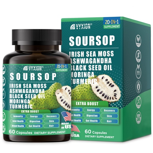 [BRSRACDYOV6B4CQ3] Soursop Graviola Supplement with Sea Moss, Moringa, Turmeric, Black Seed Oil, Oregano, Ashwagandha | 20-in-One Herbal extracts for Overall Health-Enhancing | Vegan, Non-GMO | 60 Capsules