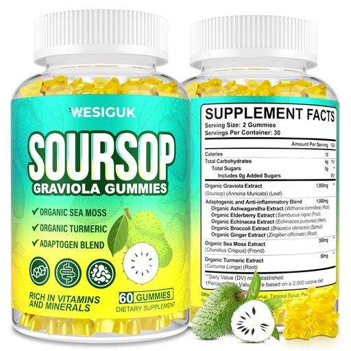 [BRSRAGLYC4NQY3LP] Soursop Graviola Gummies, Max Strength Soursop Leaves Extract with Sea Moss, Turmeric for Cell Support & Regeneration, Immunity, Liver and Antioxidant, Sugar/Gluten Free, Vegan - 60 Soursop Gummies