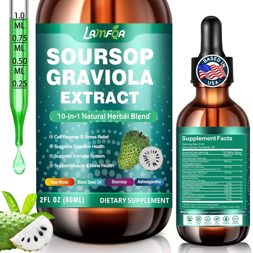 [BRSREFT3BMCQAGQ4] Soursop Bitters Liquid 10-in-1 with Ashwagandha, Black Seed Oil & Turmeric, Gotu Kola for Immune Support, Gut Health, Cell Regeneration & Antioxidant, Vegan, Non-GMO, Sugar-Free, 2 Fl Oz