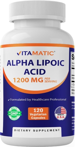 [BRSRE2YQC56AGCLK] Vitamatic Alpha Lipoic Acid 1200mg Per Serving, 120 Capsules - Gluten Free, Vegetarian Capsules, Soy Free & Non-GMO