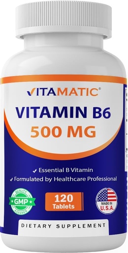 [BRSW2FD3BMFWKAD3] Vitamatic Vitamin B6 (Pyridoxine HCI), 500 mg – 120 Vegetarian Tablets Promotes Energy Production, Boosts Metabolism & Immune Health Support