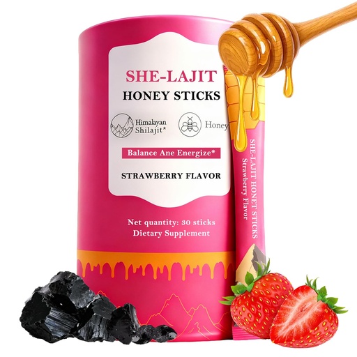 [BRSRGGQHOQNGKAL2] Shilajit Honey Sticks for Women, Natural Energy & Vitality Booster with Shatavari & Saffron, Strawberry Honeysticks for Hormonal Balance, Focus & Stamina, 30 Count
