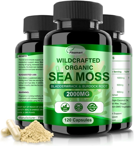 [BRSROZATBMNRM3A2] Mar irlandés Moss capsules 120ct Mar crudo Moss Wildcrafted Bladderwrack Burdock Root Capsules Super Food Immune System Digestive Health Sea Moss Pills