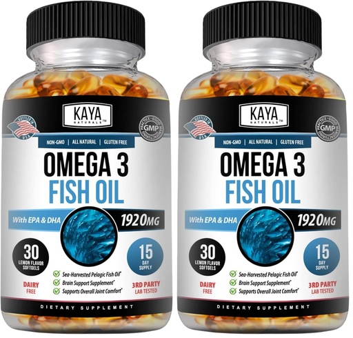 [BRSRGFIEOEBG2D3L] Kaya Naturals Omega 3 Supplement - Nature Made Omega 3 Fish Oil - 100% Pure Sea-Harvested Pelagic Fish Oil with No Fishy Aftertaste - 30 Count Softgels (Pack of 2)