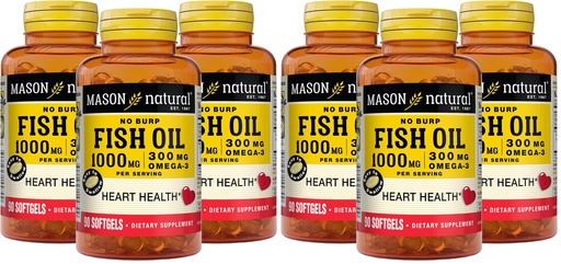 [BRSROED7PMBWGFAY] Mason Natural No Burp Fish Oil 1000 mg Omega-3 300 mg - Healthy Heart, Supports Circulatory Function, Improved Cardiovascular Health, 90 Softgels (Pack of 6)
