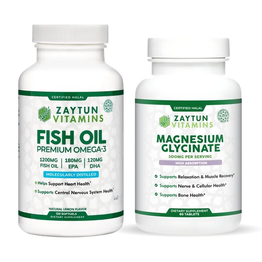 [BRSRGYDROQIBQCA2] Zaytun Halal Fish Oil 1200mg Omega 3 + Magnesium Glycinate Bundle Supports Heart, Brain, Muscle Function & Relaxation, Non-GMO, Gluten Free, Made in USA