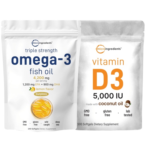 [BRSRABT3A4FQACI7] Micro Ingredients Omega-3 Fish Oil 4,200mg & Bundle Pack & Vitamin D3 5,000 IU Bundle Pack | Wild-Caught Fish, Lemon Flavored, Burpless | Vitamin D as Cholecalciferol