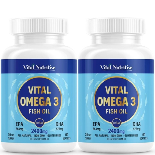 [BRSREEDQPJ7BYET7] Vital Omega 3 Fish Oil Supplements 2400mg | 864mg EPA & 576mg DHA | 1440mg Total Omega-3 Fatty Acids | Promotes Brain & Heart Health | Non-GMO, Gluten-Free, Sugar-Free | Lemon | 60 Day Servings