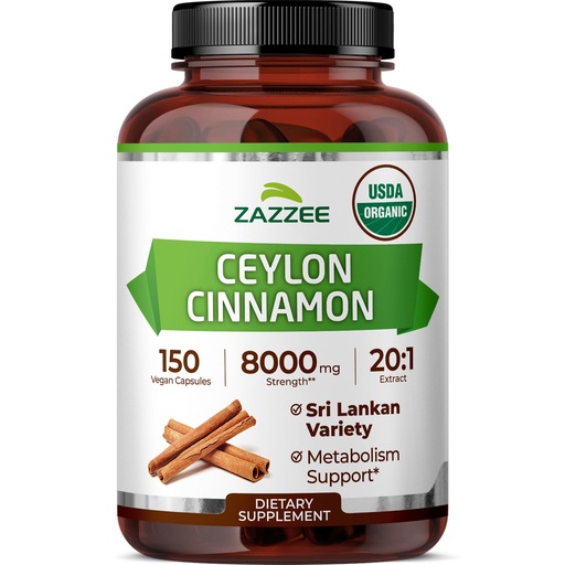 [BRSRGHYCBN7GKGYU] Zazzee USDA Organic Ceylon Cinnamon 20:1 Extract, 150 Vegan Capsules, 5 Month Supply, Sri Lankan Variety, Cinnamomum Verum, Antioxidant & Metabolic Support, All-Natural, Non-GMO, Made in the USA