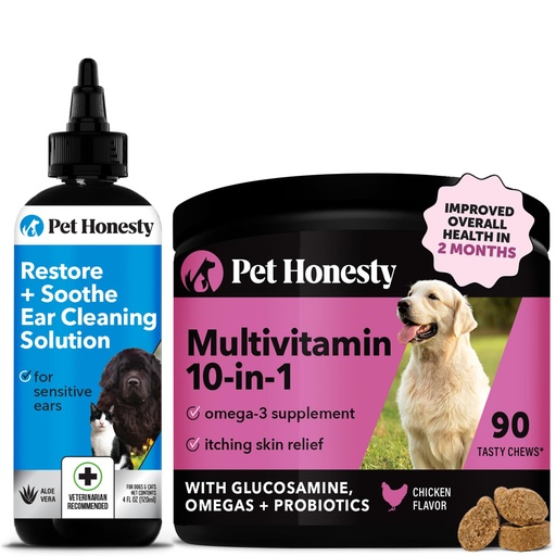[BRSRAGDYCAGQ4CYU] Restore + Soothe Ear Cleaner for Dogs & Cats (Aloe Vera) 4oz + Multivitamin Dog Supplement with Glucosamine, Probiotics, Omega Fish Oil for Skin and Coat Allergies (Chicken 90 ct)